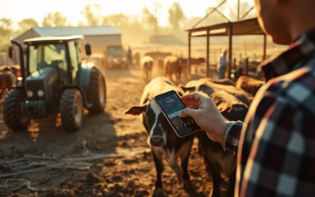 Farm yard with tractor and a farm hand scanning a livestock tag on a phone