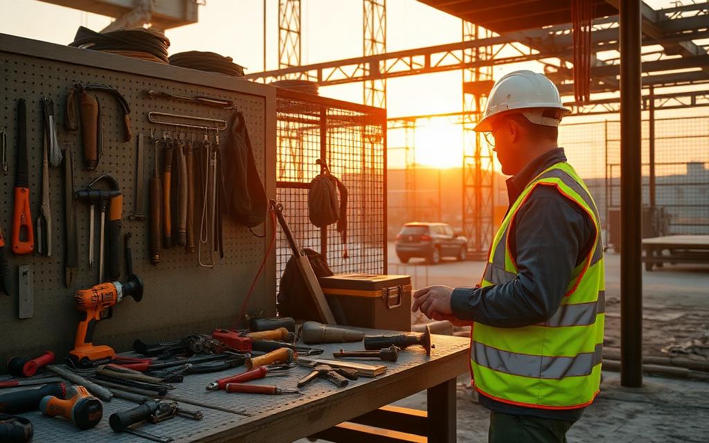 Construction site tool crib with power tools and a foreman in high-vis
