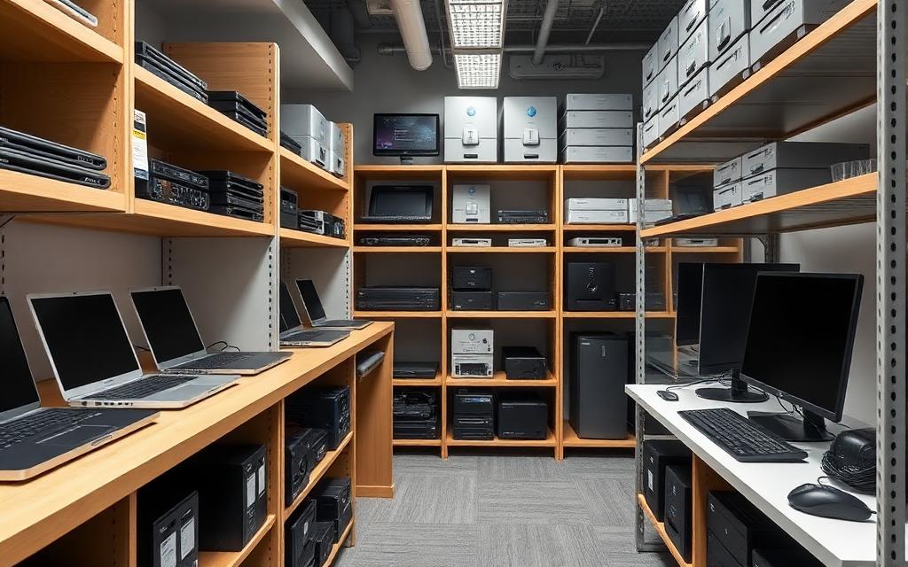 Corporate IT store room with laptops and hardware on shelves