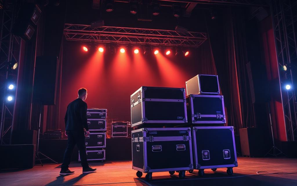 AV crew moving flight cases backstage under stage lighting
