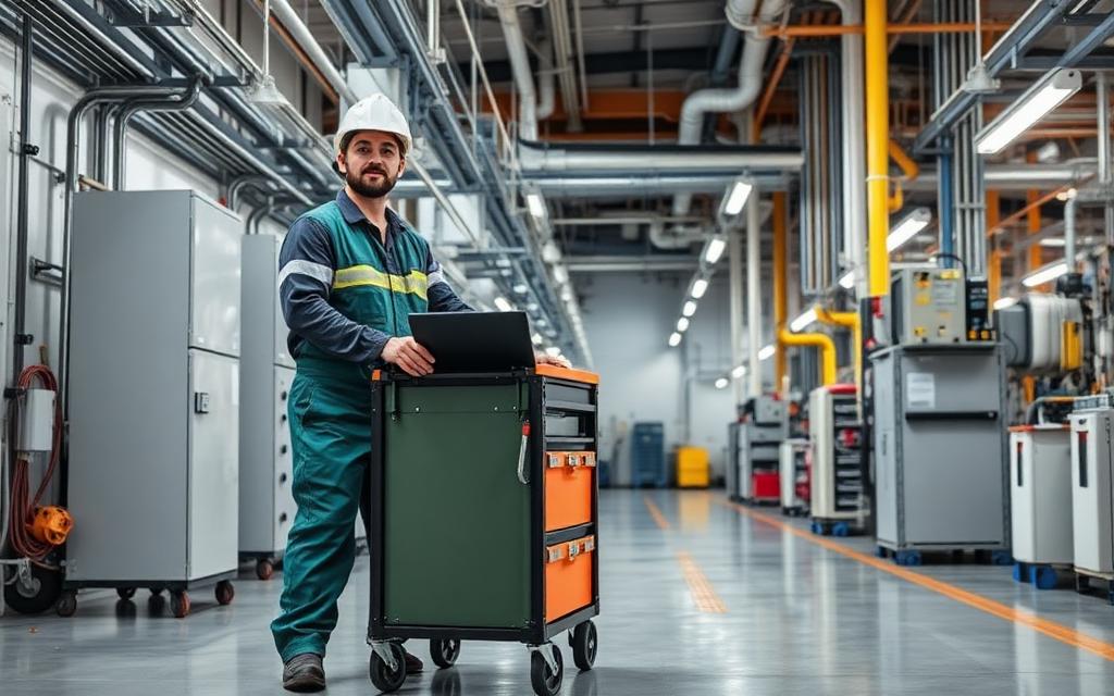 Facilities technician pushing a tool trolley in a building plant room