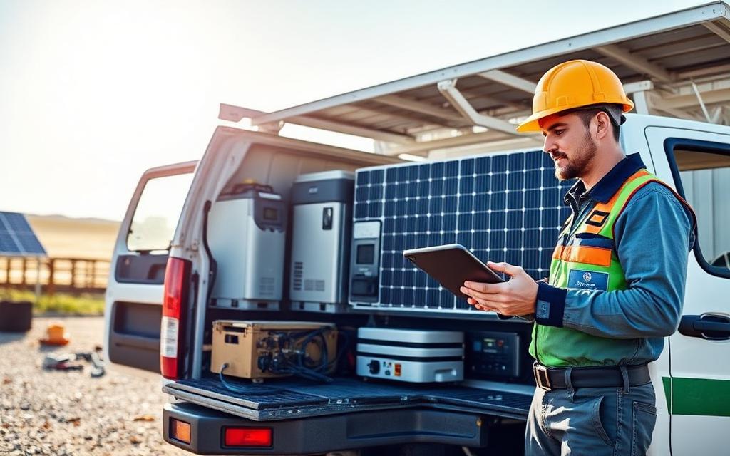 Solar technician with a tablet beside a service van loaded with inverters and panels