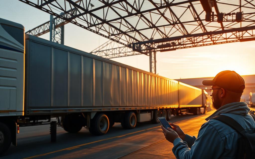 Logistics depot with trailers and a driver checking a manifest on a phone