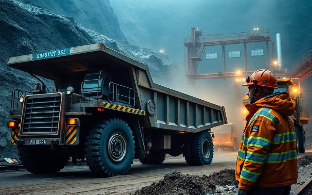 Mining haul truck and plant with a miner in reflective PPE