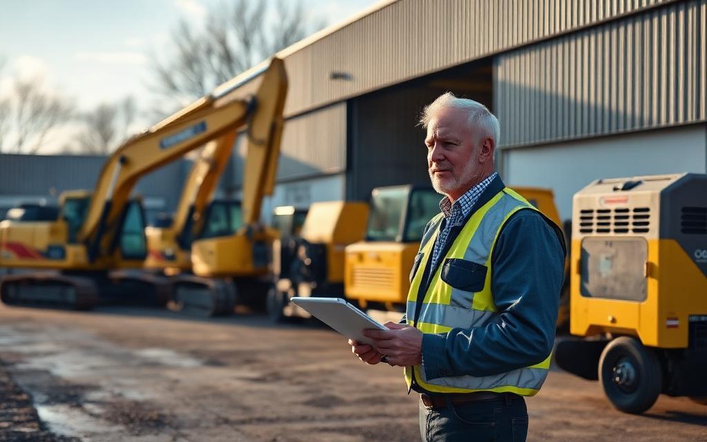 Plant hire depot yard with excavators and generators