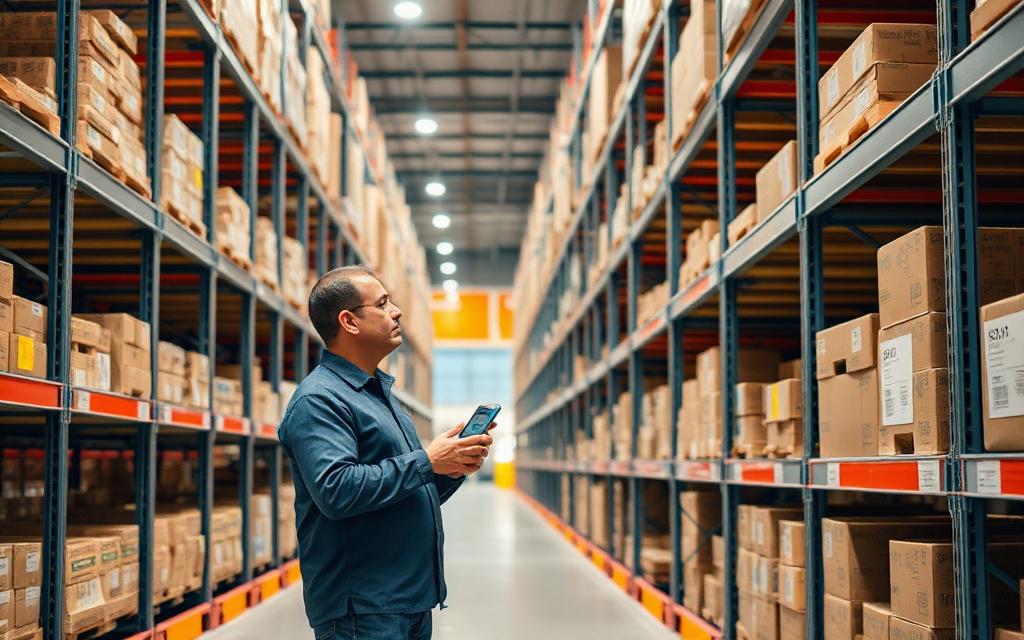 Warehouse aisle with racking and a picker scanning a barcode
