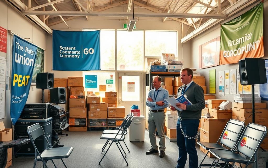Union branch office storeroom with banners, chairs and PA equipment